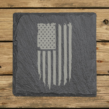 Square slate coaster laser engraved with an American flag, distressed vertical design
