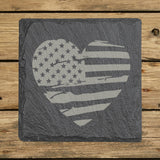 Square slate coaster laser engraved with an American flag, heart design