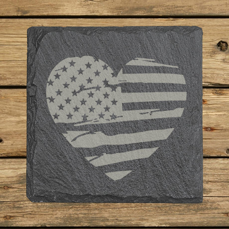 Square slate coaster laser engraved with an American flag, heart design