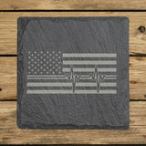 Square slate coaster laser engraved with an American flag, heartbeat design
