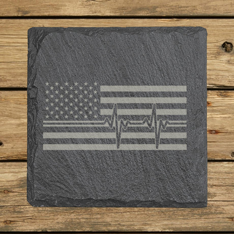 Square slate coaster laser engraved with an American flag, heartbeat design