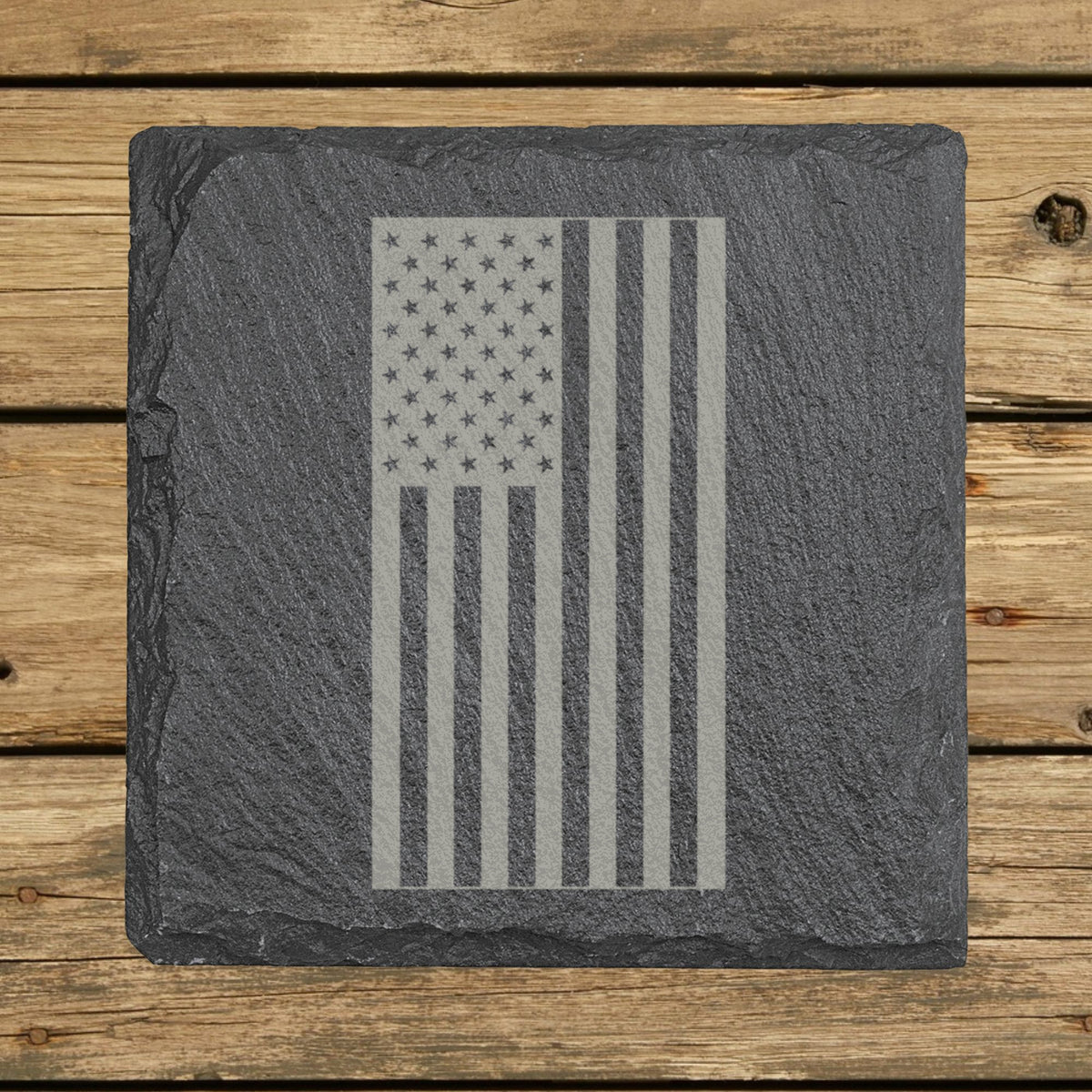 Square slate coaster laser engraved with an American flag, vertical design
