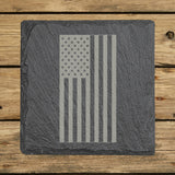 Square slate coaster laser engraved with an American flag, vertical design