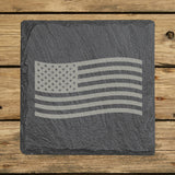 Square slate coaster laser engraved with an American flag, waving design