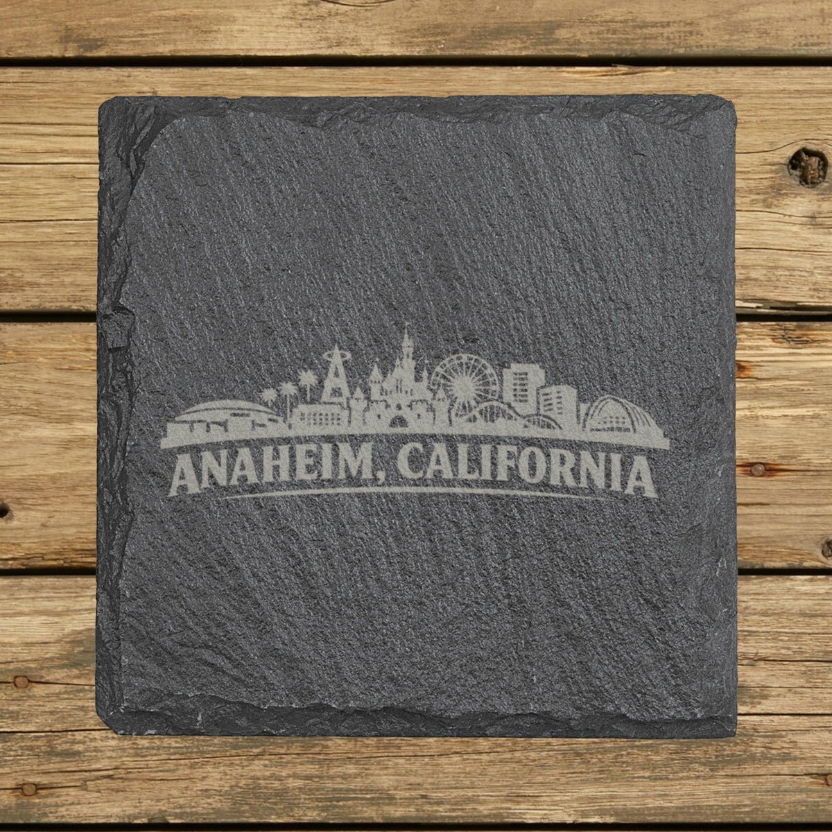 Square slate coaster laser engraved with the Anaheim, California skyline