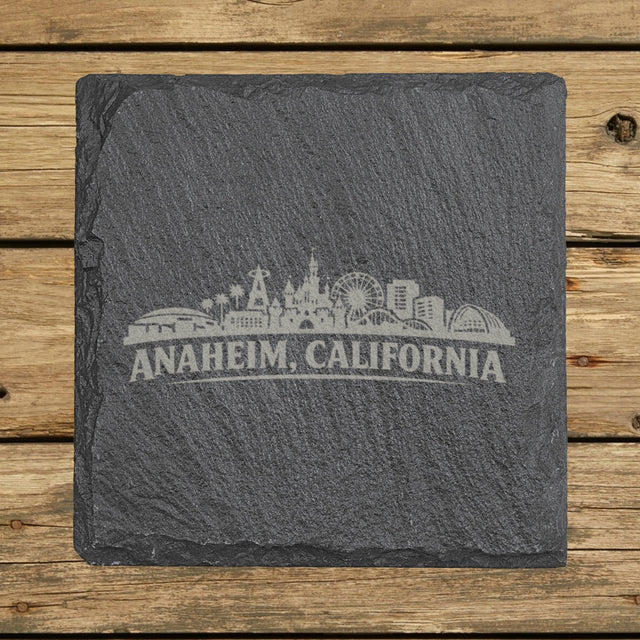 Square slate coaster laser engraved with the Anaheim, California skyline