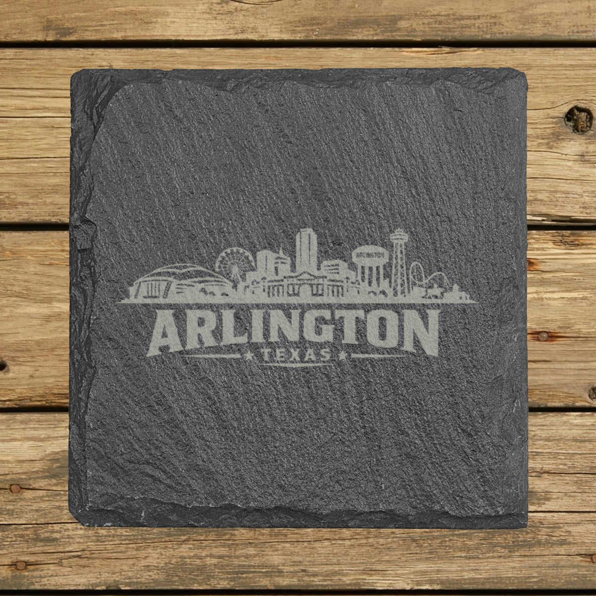 Square slate coaster laser engraved with the Arlington, Texas skyline