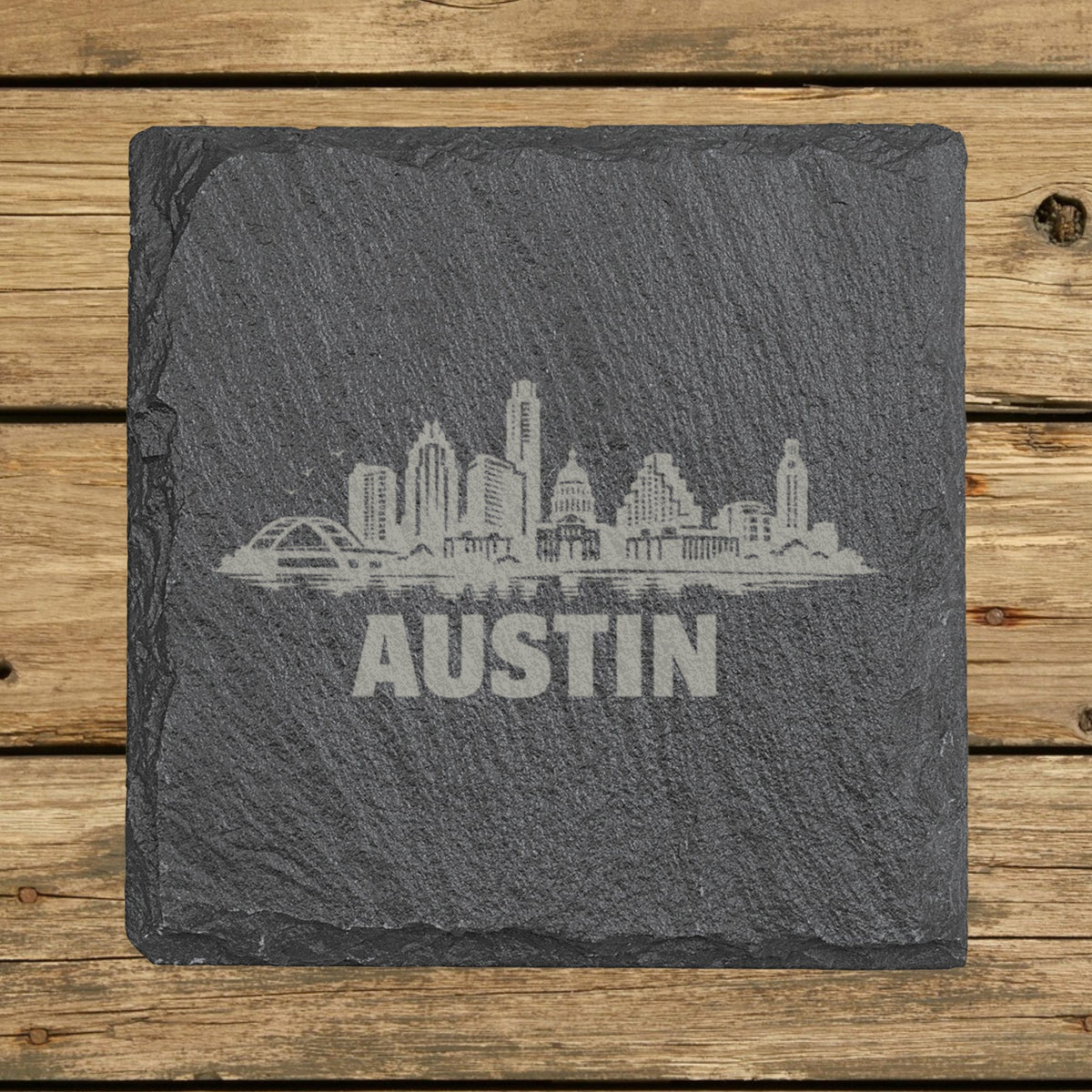 Square slate coaster laser engraved with the Austin, Texas skyline