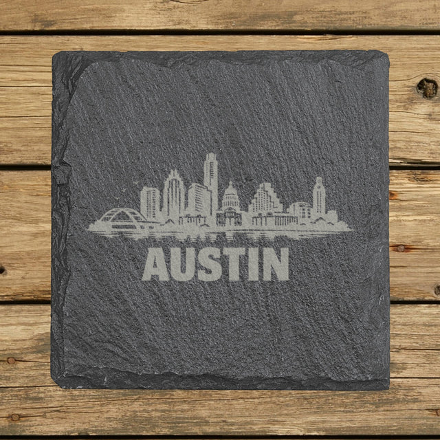 Square slate coaster laser engraved with the Austin, Texas skyline