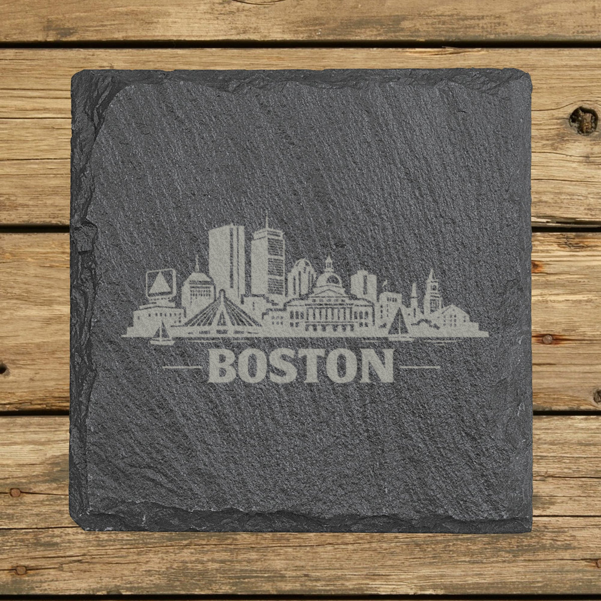 Square slate coaster laser engraved with the Boston, Massachusetts skyline