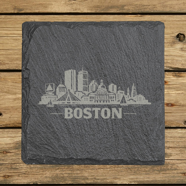 Square slate coaster laser engraved with the Boston, Massachusetts skyline