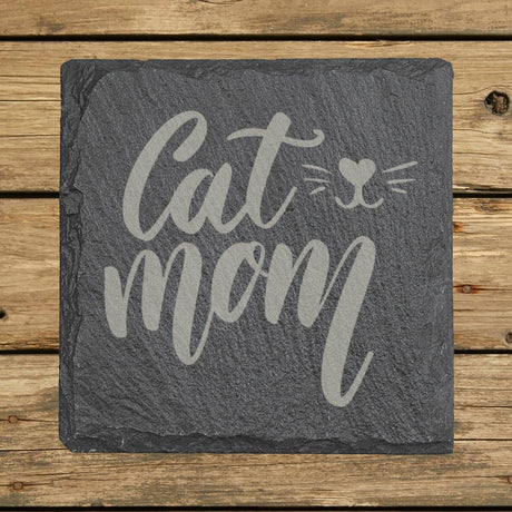 Square slate coaster laser engraved with "Cat Mom", whiskers design