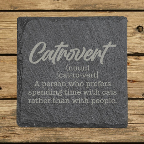 Square slate coaster laser engraved with the Catrovert definition
