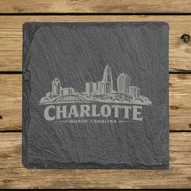 Square slate coaster laser engraved with the Charlotte, North Carolina skyline