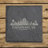 Square slate coaster laser engraved with the Chesapeake, Virginia skyline