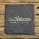 Square slate coaster laser engraved with the Chula Vista, California skyline