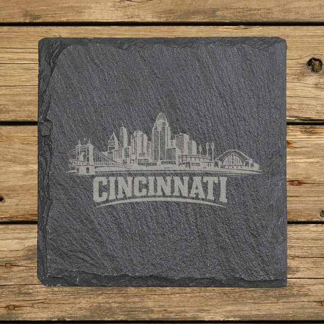 Square slate coaster laser engraved with the Cincinnati, Ohio skyline
