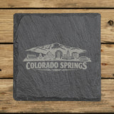 Square slate coaster laser engraved with the Colorado Springs, Colorado skyline