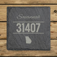 Square slate coaster laser engraved with a custom zip code design