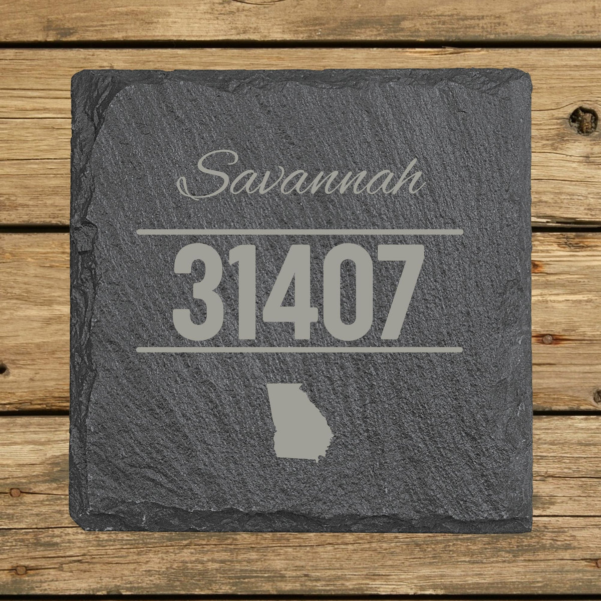 Square slate coaster laser engraved with a custom zip code design