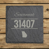 Square slate coaster laser engraved with a custom zip code design