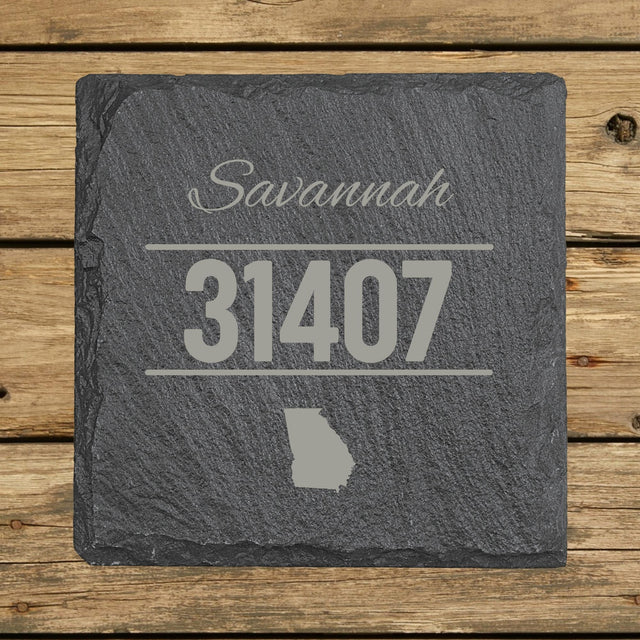 Square slate coaster laser engraved with a custom zip code design
