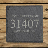 Square slate coaster laser engraved with a custom zip code design