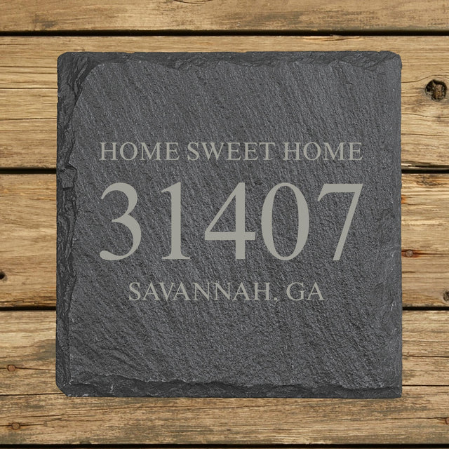 Square slate coaster laser engraved with a custom zip code design