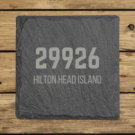 Square slate coaster laser engraved with a custom zip code design