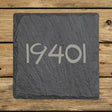 Square slate coaster laser engraved with a custom zip code design