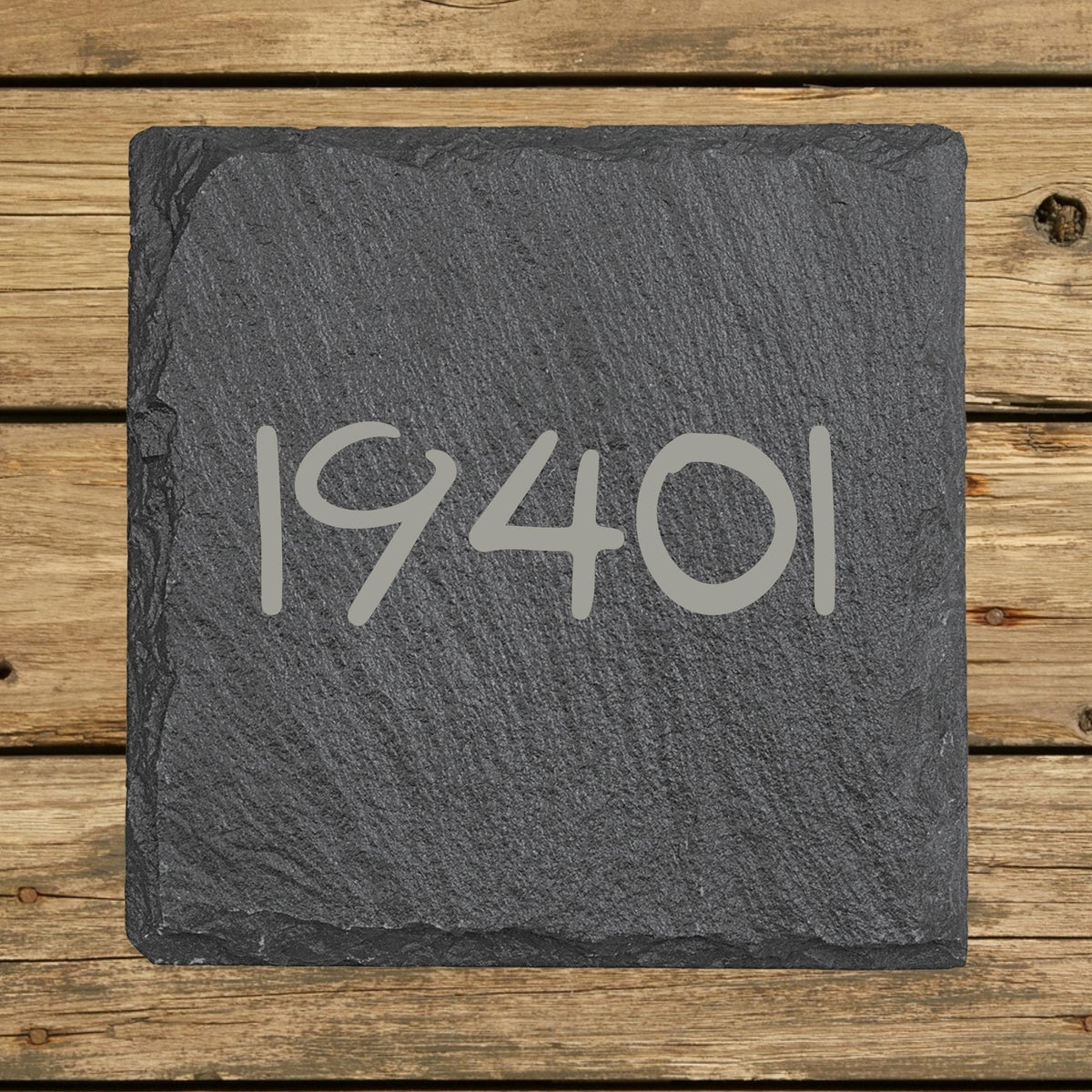 Square slate coaster laser engraved with a custom zip code design