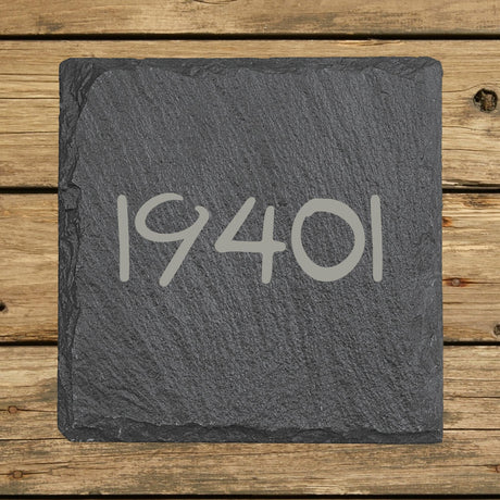 Square slate coaster laser engraved with a custom zip code design
