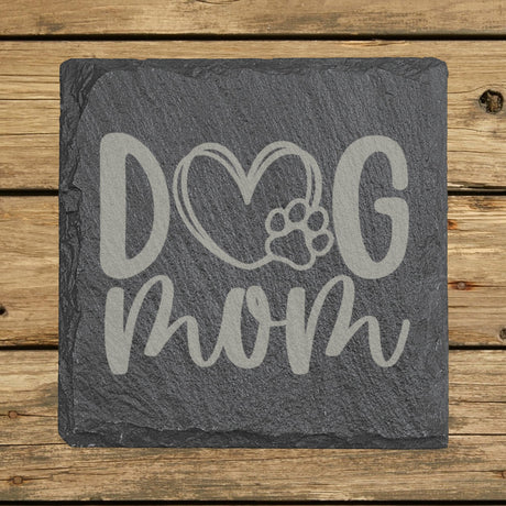 Square slate coaster laser engraved with a hand drawn Dog Mom heart and paw design