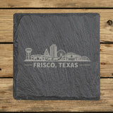 Square slate coaster laser engraved with the Frisco, Texas skyline