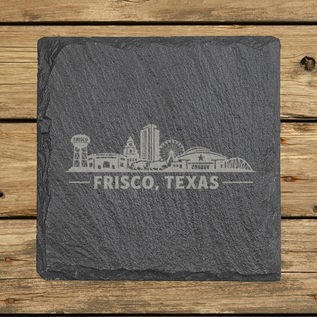 Square slate coaster laser engraved with the Frisco, Texas skyline