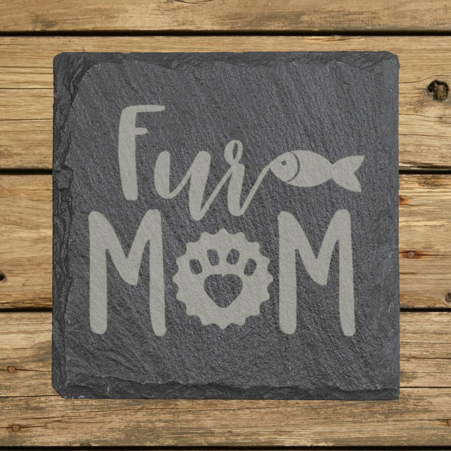 Square slate coaster laser engraved with "Fur Mom", fish design