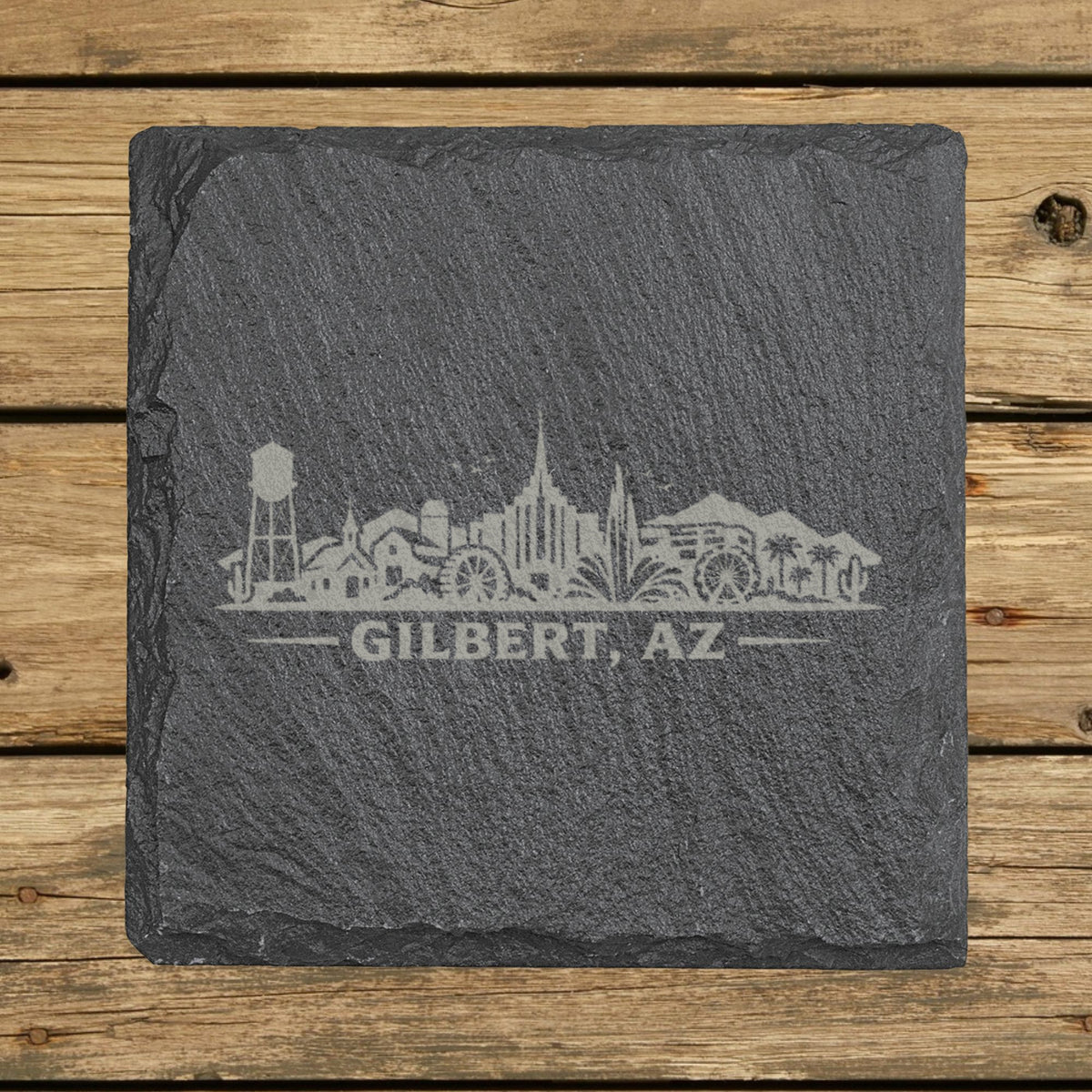 Square slate coaster laser engraved with the Gilbert, Arizona skyline