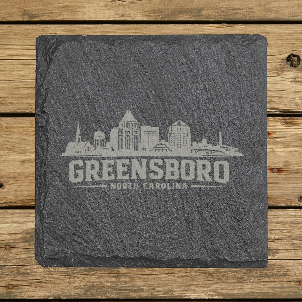 Square slate coaster laser engraved with the Greensboro, North Carolina skyline