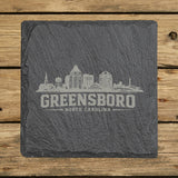 Square slate coaster laser engraved with the Greensboro, North Carolina skyline