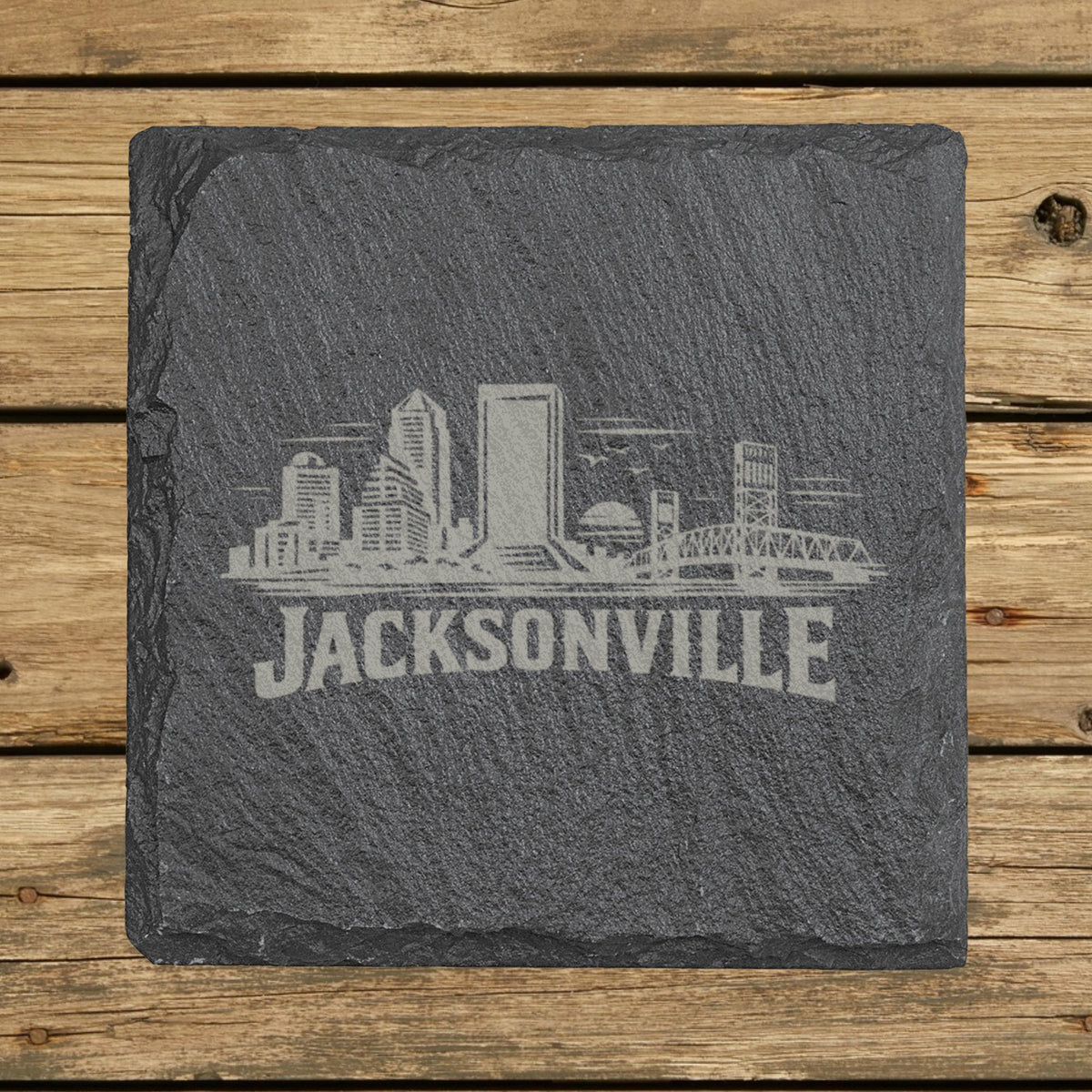 Square slate coaster laser engraved with the Jacksonville, Florida skyline
