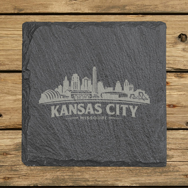 Square slate coaster laser engraved with the Kansas City, Missouri skyline