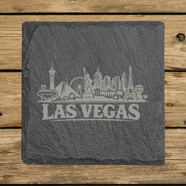 Square slate coaster laser engraved with the Las Vegas, Nevada skyline