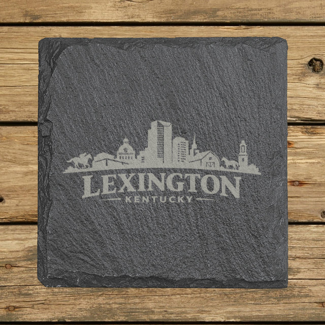 Square slate coaster laser engraved with the Lexington, Kentucky skyline