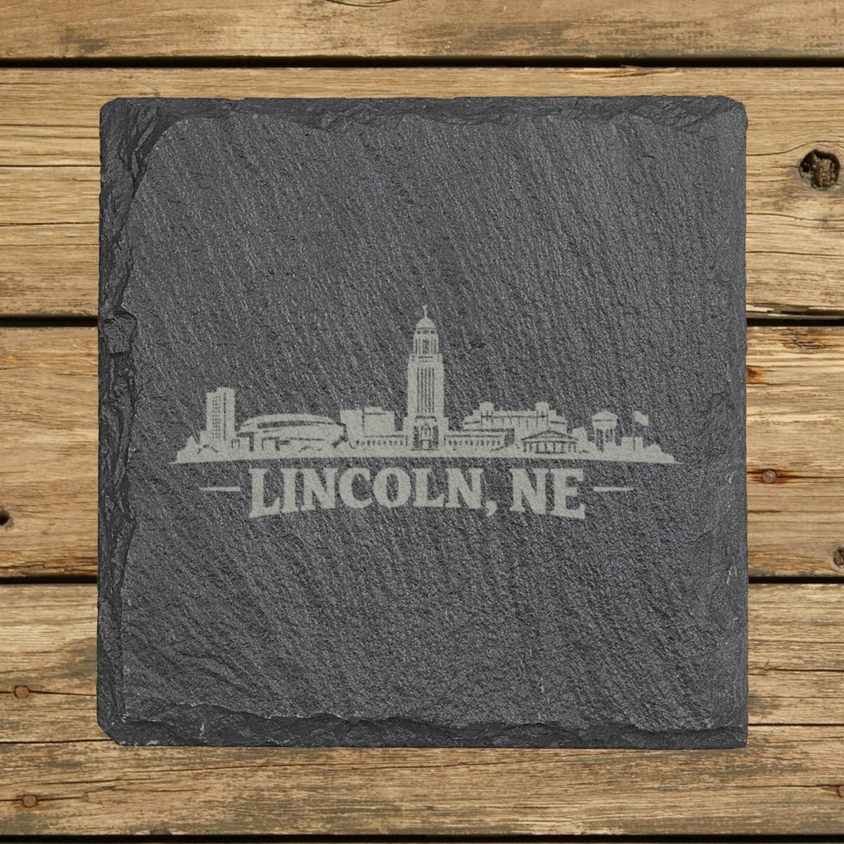 Square slate coaster laser engraved with the Lincoln, Nebraska skyline