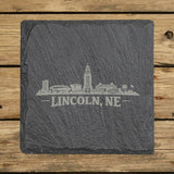 Square slate coaster laser engraved with the Lincoln, Nebraska skyline