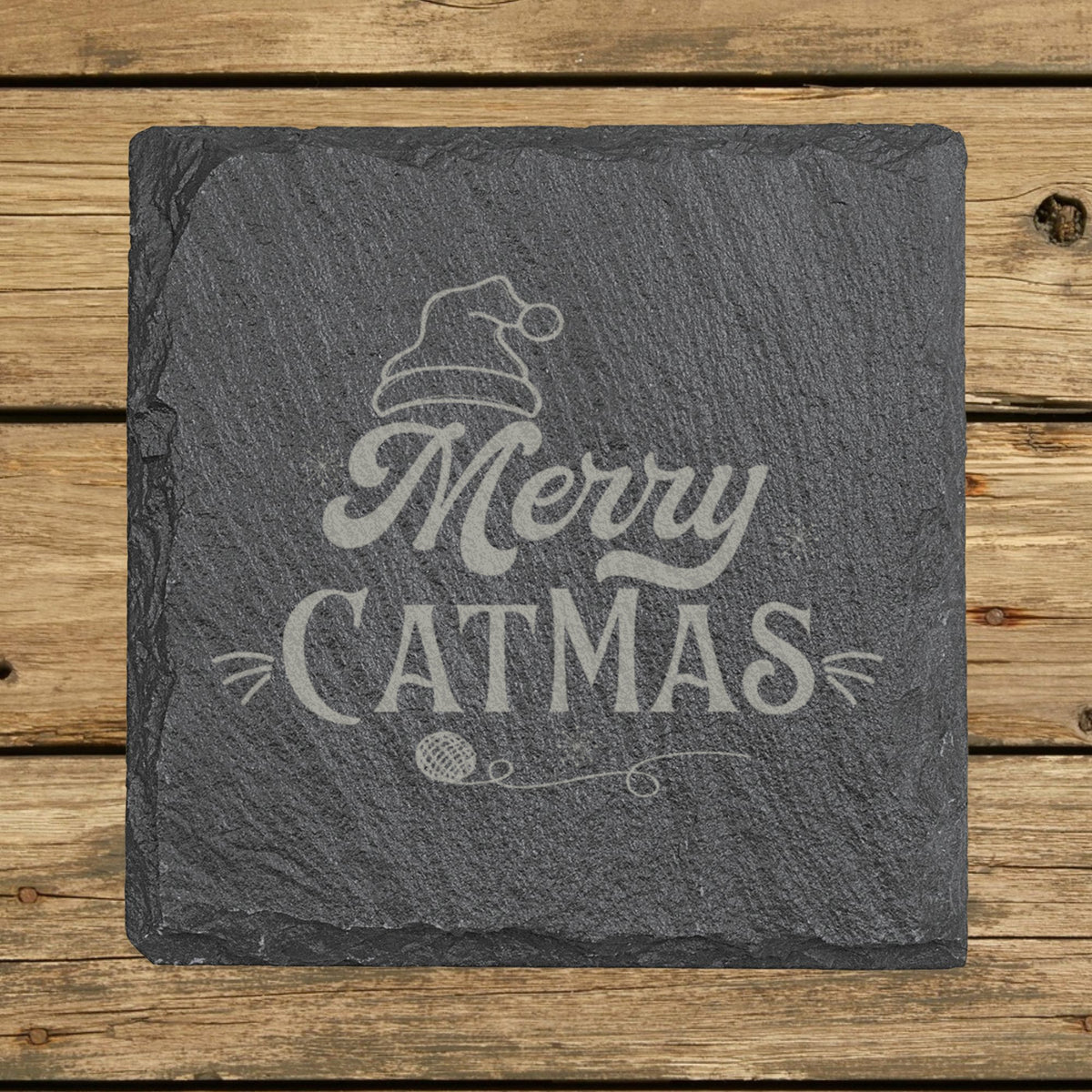 Square slate coaster laser engraved with "Merry Catmas"