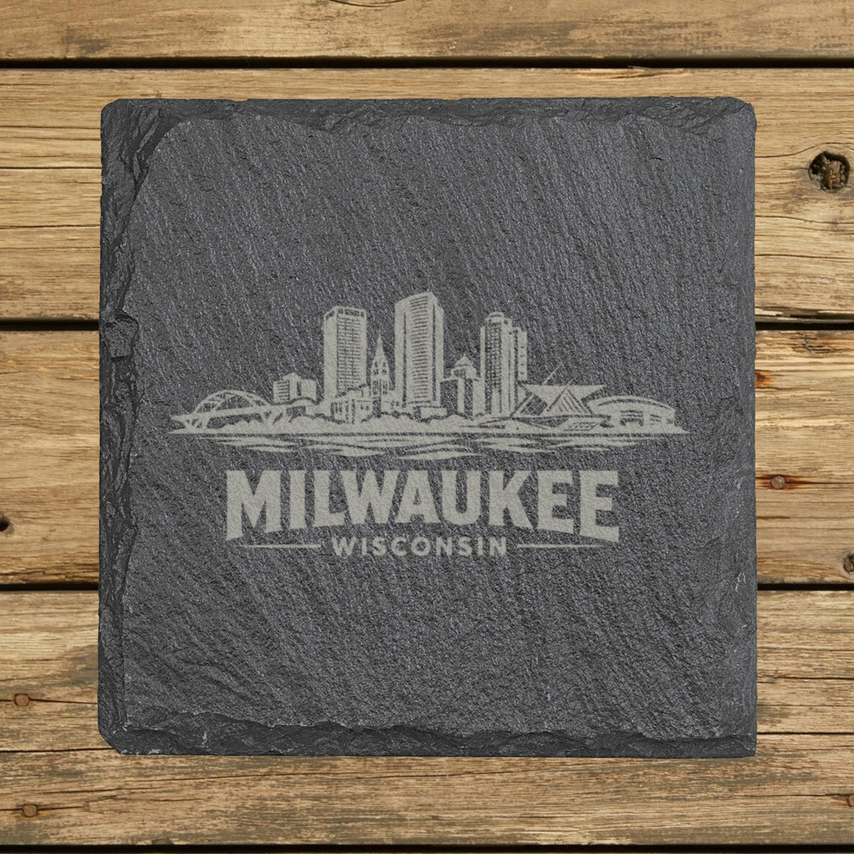 Square slate coaster laser engraved with the Milwaukee, Wisconsin skyline