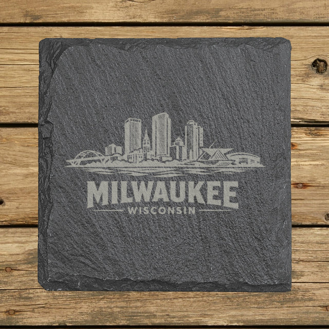 Square slate coaster laser engraved with the Milwaukee, Wisconsin skyline