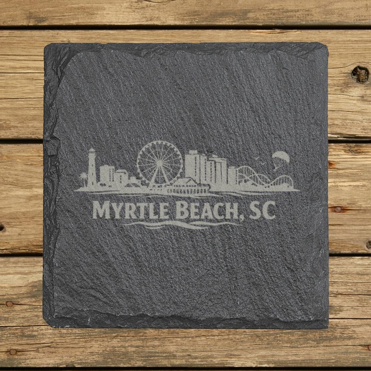 Square slate coaster laser engraved with the Myrtle Beach, South Carolina skyline