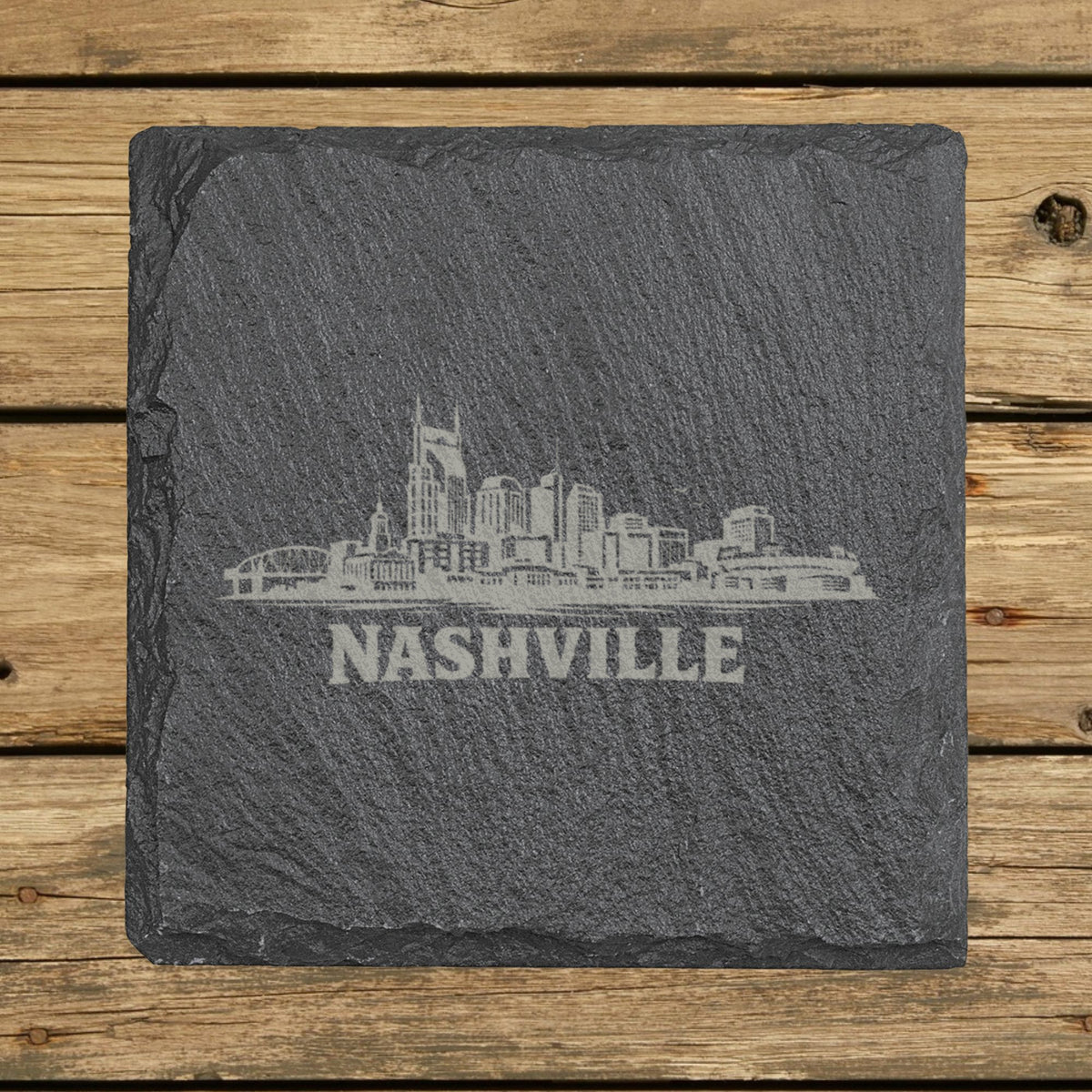 Square slate coaster laser engraved with the Nashville, Tennessee skyline